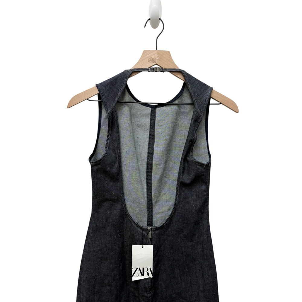 ZARA Sleeveless Backless Denim Midi Dress Dark Wash Back Zip‎ Slit Size Small - Picture 6 of 9
